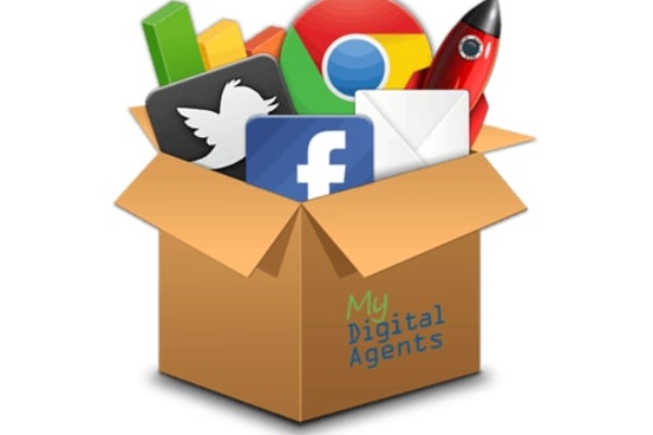 digital tools appearing to be overflowing from a cardboard box